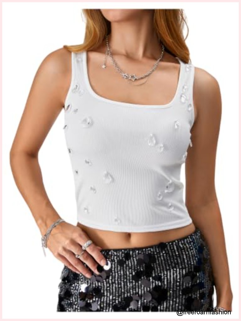 Square Neck Rhinestone Crop Tank Top Slim Fit Rib Knit